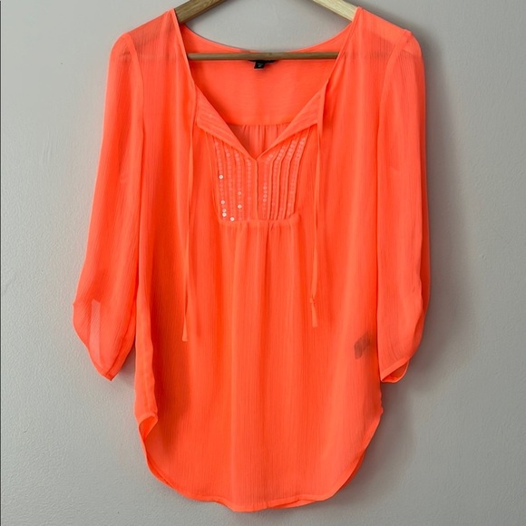 Express Women’s Semi Sheer Embellished Peasant Top  Neon Orange Sz XS Boho Glam - Picture 1 of 8